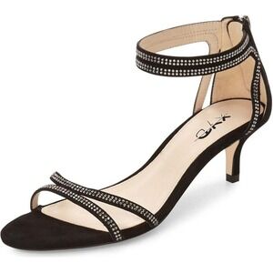 XYD Black Faux Suede Rhinestone Kitten Heel Ankle Strap Shoes Size 10 NEW $78